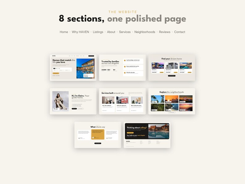 May include: A website layout template featuring the text 8 sections, one polished page and a navigation menu with Home, Why HAVEN, Listings, About, Services, Neighborhoods, Reviews, and Contact. Eight distinct web page section designs are displayed.