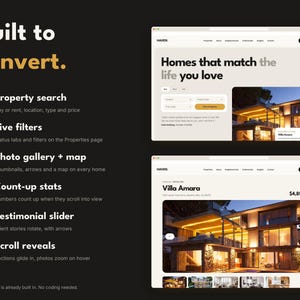 Op de afbeelding: Een donker vormgegeven presentatie van een websiteontwerp getiteld Built to convert. Het bevat een lijst met zes functies, waaronder vastgoed zoeken, live filters, fotogalerij, statistieken, testimonial-slider en scroll-effecten met twee voorbeelden.