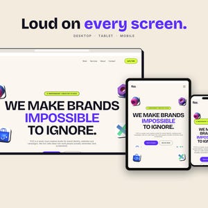 Pu&ograve; includere: Un display digitale che mostra il design di un sito web su un monitor desktop, un tablet e uno smartphone. Lo schermo presenta il testo "WE MAKE BRANDS IMPOSSIBLE TO IGNORE" in nero e viola, con icone 3D tra cui una borsa della spesa blu.