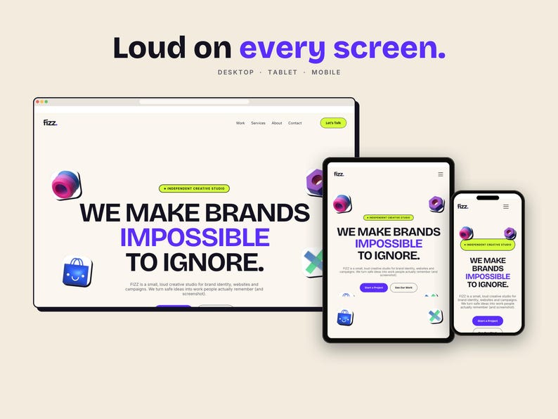 Pu&ograve; includere: Un display digitale che mostra il design di un sito web su un monitor desktop, un tablet e uno smartphone. Lo schermo presenta il testo "WE MAKE BRANDS IMPOSSIBLE TO IGNORE" in nero e viola, con icone 3D tra cui una borsa della spesa blu.