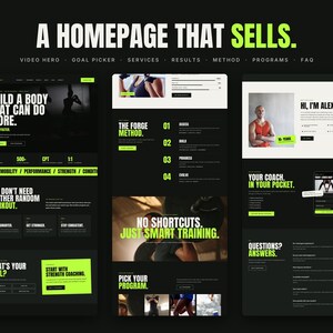 May include: A website design layout featuring three vertical panels with a black background and lime green text. The design includes sections titled A HOMEPAGE THAT SELLS, BUILD A BODY THAT CAN DO MORE, THE FORGE METHOD, and YOUR COACH IN YOUR POCKET.