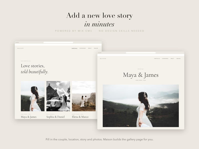 May include: A website template interface featuring the text Add a new love story in minutes, Love stories, told beautifully, and Maya & James. The layout displays multiple wedding photographs of couples in various outdoor settings on a light background.