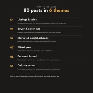 May include: A black digital graphic listing 80 social media posts in 6 themes: 17 Listings & sales, 26 Buyer & seller tips, 10 Market & neighborhoods, 07 Client love, 08 Personal brand, and 12 Calls to action, plus 80 ready captions and a Read Me First PDF.