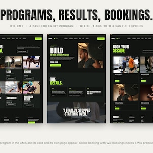 May include: A digital interface design featuring three dark-themed web pages for a fitness brand named FORGE. The layout includes sections titled PROGRAMS, RESULTS, BOOKINGS, PICK YOUR PROGRAM, BUILD, and BOOK YOUR SESSION with lime green accents.