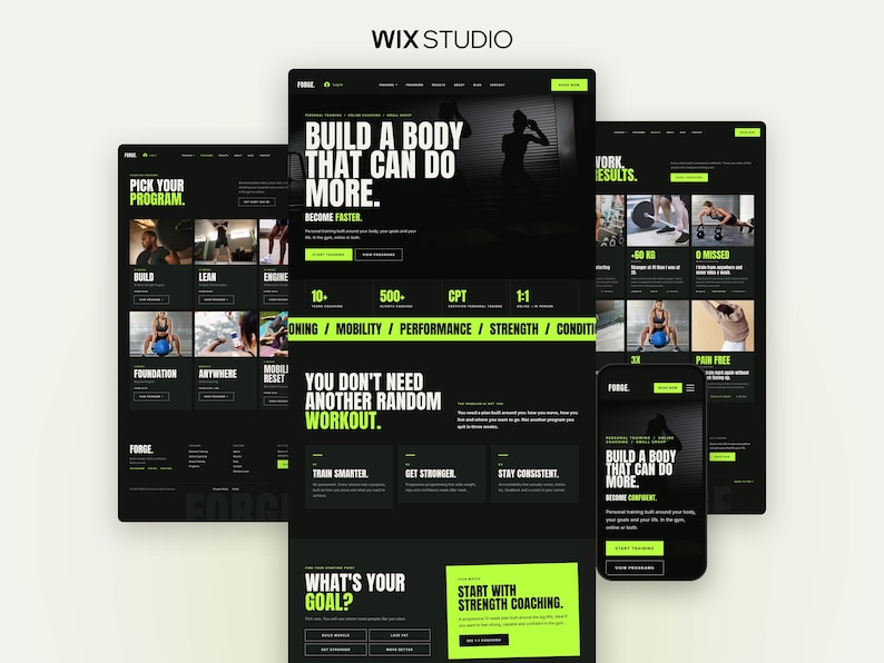 May include: A digital interface design for a fitness website featuring a dark theme with lime green accents. The layout displays text including "Build a body that can do more," "Pick your program," and "What's your goal?" alongside workout imagery.