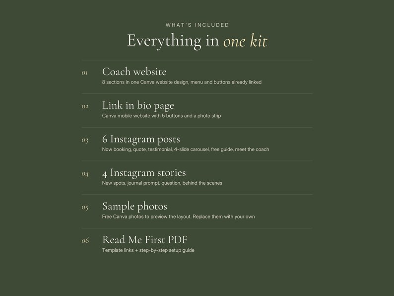 Pode incluir: Uma lista de kit digital em fundo verde-oliva escuro intitulada "Everything in one kit" contendo seis itens: site de coach, p&aacute;gina de link na bio, seis posts para Instagram, quatro stories para Instagram, fotos de exemplo e um PDF guia.