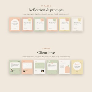 Puede incluir: Una colecci&oacute;n de plantillas digitales que incluye 11 p&aacute;ginas de reflexi&oacute;n y sugerencias con preguntas de diario, y 7 p&aacute;ginas de testimonios de clientes, tarjetas de rese&ntilde;as y notas de agradecimiento, en tonos pastel suaves con texto.