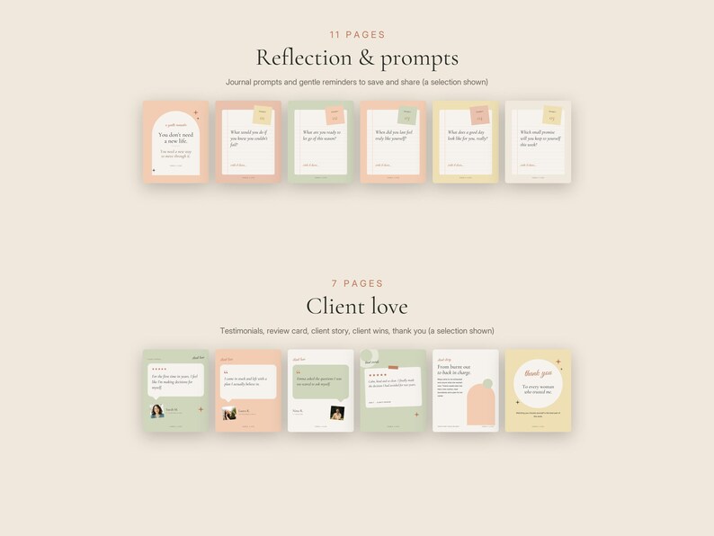 Puede incluir: Una colecci&oacute;n de plantillas digitales que incluye 11 p&aacute;ginas de reflexi&oacute;n y sugerencias con preguntas de diario, y 7 p&aacute;ginas de testimonios de clientes, tarjetas de rese&ntilde;as y notas de agradecimiento, en tonos pastel suaves con texto.