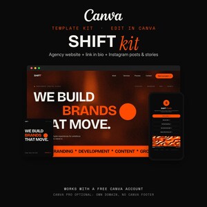 May include: A digital template kit for Canva titled SHIFT kit, featuring an agency website layout, a mobile interface, and social media graphics. The design uses a black background with bold white and orange text, including the phrase WE BUILD BRANDS THAT MOVE.