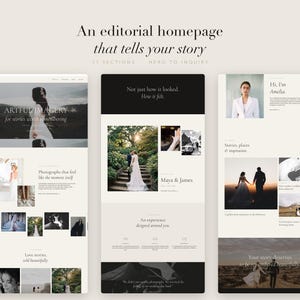 May include: A website template design featuring three vertical layouts with a cream and black color scheme. The text includes An editorial homepage that tells your story, Artful imagery for stories worth remembering, and Maya & James.