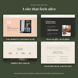 May include: A digital display showing four website interface layouts for Signature Motion. The designs feature a peach and white color palette, serif typography, and text including A site that feels alive, Pause notice where you are, and Becoming.