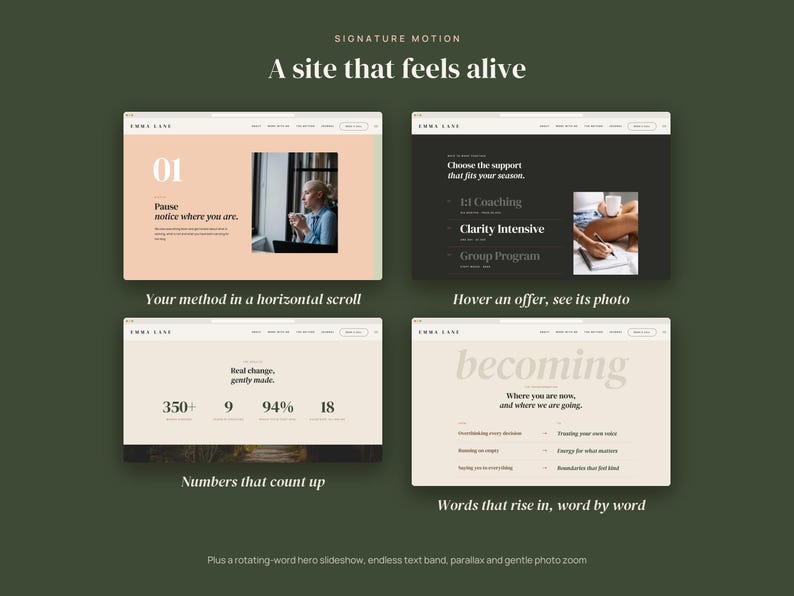 May include: A digital display showing four website interface layouts for Signature Motion. The designs feature a peach and white color palette, serif typography, and text including A site that feels alive, Pause notice where you are, and Becoming.