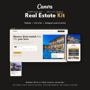 May include: A Canva template kit for real estate featuring a website layout, a mobile phone interface, and a social media post graphic. The designs display the text Haven, Real Estate Kit, and Homes that match the life you love on a dark background.