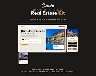 May include: A Canva template kit for real estate featuring a website layout, a mobile phone interface, and a social media post graphic. The designs display the text Haven, Real Estate Kit, and Homes that match the life you love on a dark background.