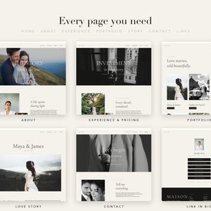 May include: A website template layout featuring six distinct pages titled Every page you need, About, Experience & Pricing, Portfolio, Love Story, Contact, and Link in Bio. The design uses a neutral color palette with black and white photography.