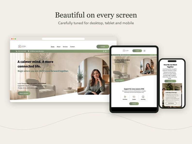 Pode incluir: Um design de site exibido em um monitor de desktop, tablet e smartphone. A interface apresenta um esquema de cores branco e verde s&aacute;lvia com o texto "Beautiful on every screen" e "A calmer mind. A more connected life." vis&iacute;vel nas telas.