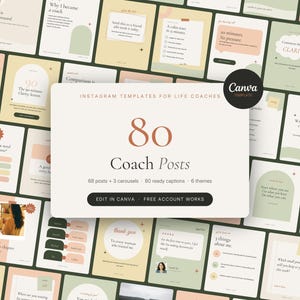 Puede incluir: Una colecci&oacute;n de 80 plantillas de Instagram para coaches de vida con una paleta de colores suaves en verde salvia, crema y terracota. La superposici&oacute;n central muestra el texto 80 Coach Posts, 68 posts + 3 carousels, 80 ready captions, 6 themes.