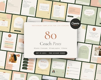 80 Life Coach Instagram Post Templates for Canva + Captions | Coaching Social Media Posts | Mindset Coach, Wellness