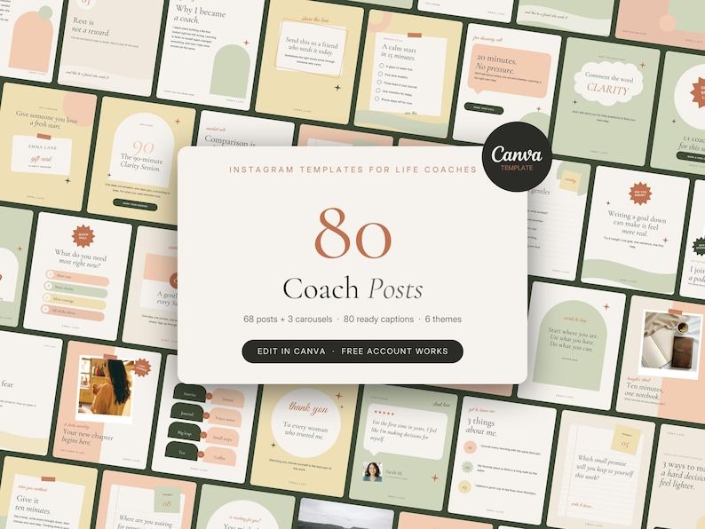 Puede incluir: Una colecci&oacute;n de 80 plantillas de Instagram para coaches de vida con una paleta de colores suaves en verde salvia, crema y terracota. La superposici&oacute;n central muestra el texto 80 Coach Posts, 68 posts + 3 carousels, 80 ready captions, 6 themes.