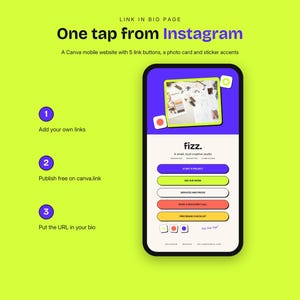 May include: A mobile website template displayed on a smartphone screen featuring a purple header with a photo card, five colorful link buttons, and sticker accents. The text reads One tap from Instagram, fizz., and includes numbered steps for adding links, publishing, and bio placement.