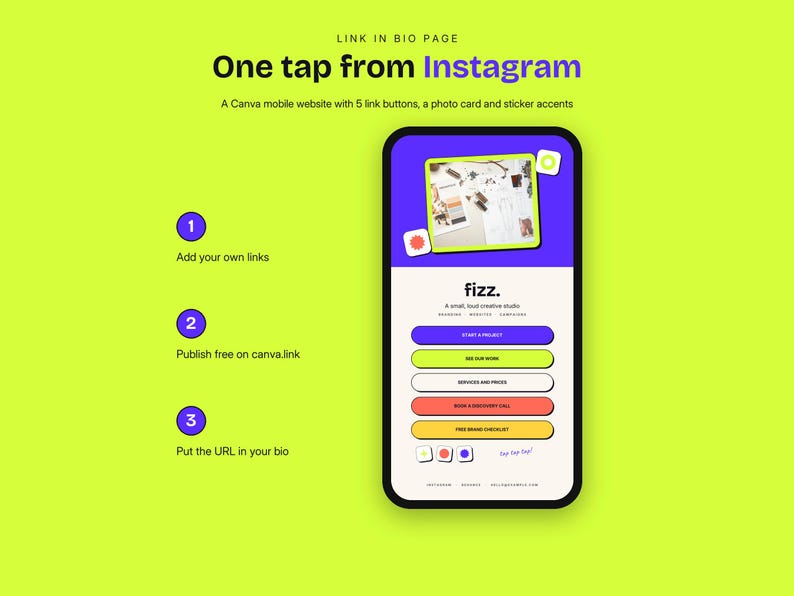 May include: A mobile website template displayed on a smartphone screen featuring a purple header with a photo card, five colorful link buttons, and sticker accents. The text reads One tap from Instagram, fizz., and includes numbered steps for adding links, publishing, and bio placement.