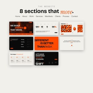 May include: A digital website layout presentation featuring the title 8 sections that move. The display includes eight distinct rectangular web page mockups with a color palette of black, white, and orange, showcasing various text and graphic elements.