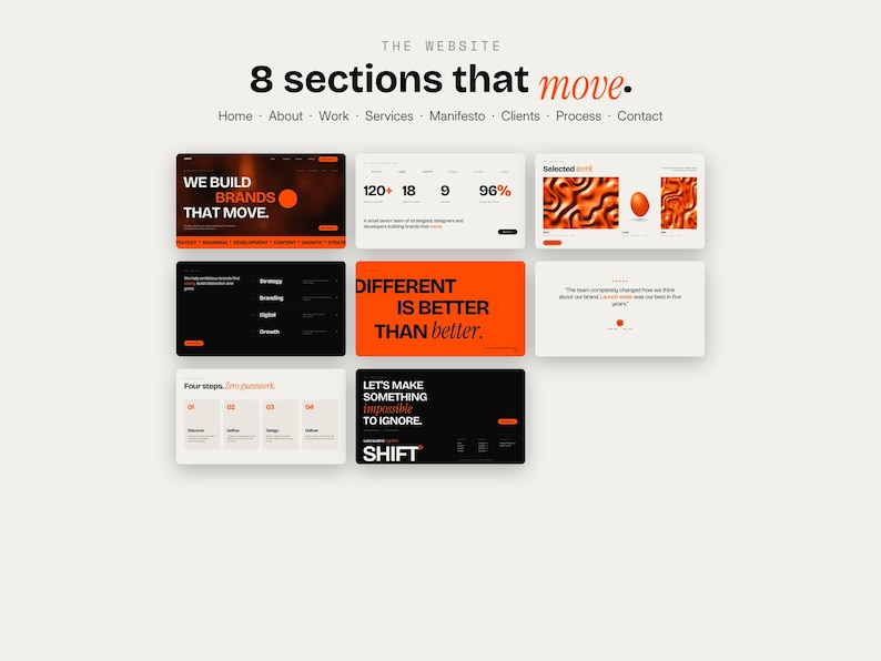 May include: A digital website layout presentation featuring the title 8 sections that move. The display includes eight distinct rectangular web page mockups with a color palette of black, white, and orange, showcasing various text and graphic elements.