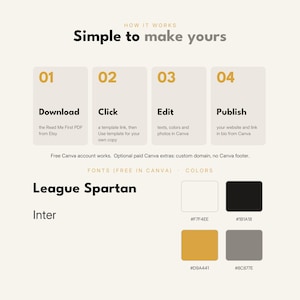 May include: An instructional graphic titled Simple to make yours, outlining four steps: Download, Click, Edit, and Publish. It lists fonts League Spartan and Inter, and displays four color swatches with hex codes F7F4EE, 1B1A1B, D9A441, and 8C877E.