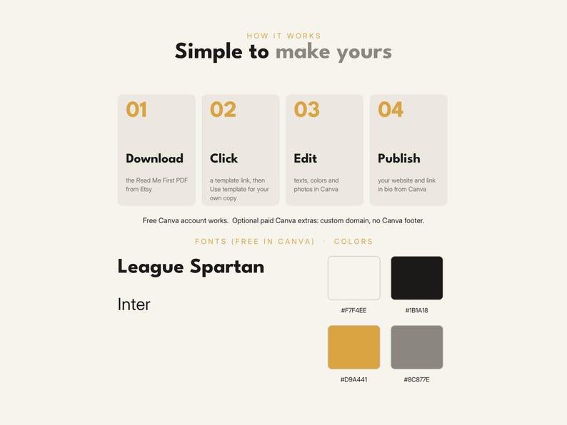 May include: An instructional graphic titled Simple to make yours, outlining four steps: Download, Click, Edit, and Publish. It lists fonts League Spartan and Inter, and displays four color swatches with hex codes F7F4EE, 1B1A1B, D9A441, and 8C877E.