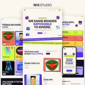 May include: A digital interface design showcase featuring three vertical web page layouts with a white background, bold black typography, and vibrant neon green, orange, and purple accents. The text reads We Make Brands Impossible To Ignore.