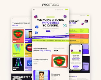 May include: A digital interface design showcase featuring three vertical web page layouts with a white background, bold black typography, and vibrant neon green, orange, and purple accents. The text reads We Make Brands Impossible To Ignore.