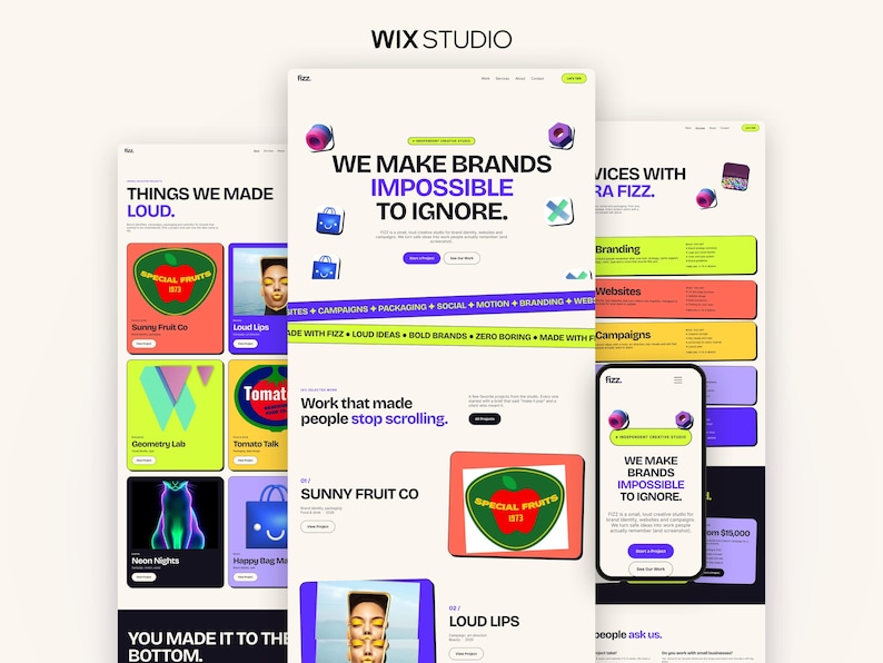 Pu&ograve; includere: Una presentazione di design di interfaccia digitale con tre layout di pagine web verticali su sfondo bianco, tipografia nera in grassetto e vivaci accenti verde neon, arancione e viola. Il testo recita We Make Brands Impossible To Ignore.
