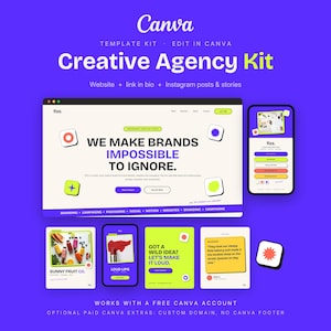 May include: A Canva Creative Agency Kit template featuring a website interface with the text WE MAKE BRANDS IMPOSSIBLE TO IGNORE, a mobile phone display, and various social media post layouts in purple, white, and lime green color schemes.