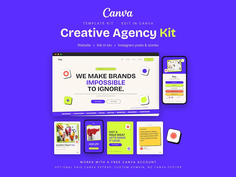 May include: A Canva Creative Agency Kit template featuring a website interface with the text WE MAKE BRANDS IMPOSSIBLE TO IGNORE, a mobile phone display, and various social media post layouts in purple, white, and lime green color schemes.