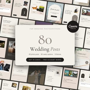 May include: A digital Canva template set for wedding photographers featuring 80 wedding posts, 60 photo posts, and 80 ready captions. The central beige graphic displays the text: FOR WEDDING PHOTOGRAPHERS 80 Wedding Posts 60 photo posts 80 ready captions 6 themes EDIT IN CANVA FREE ACCOUNT WORKS.