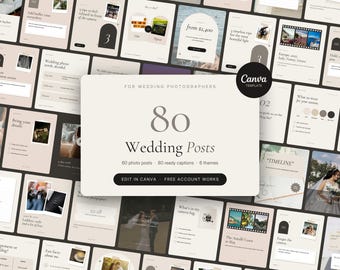 Puede incluir: Un conjunto de plantillas digitales de Canva para fotógrafos de bodas con 80 publicaciones, 60 posts de fotos y 80 pies de foto. El gráfico central beige muestra el texto: FOR WEDDING PHOTOGRAPHERS 80 Wedding Posts 60 photo posts 80 ready captions 6 themes EDIT IN CANVA FREE ACCOUNT WORKS.