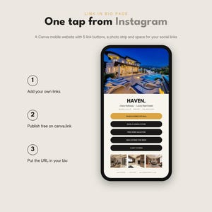 May include: A digital template for a mobile website displayed on a smartphone screen. The interface features a header image of a luxury house, the text HAVEN, five black and gold navigation buttons, a photo strip, and social media icons.