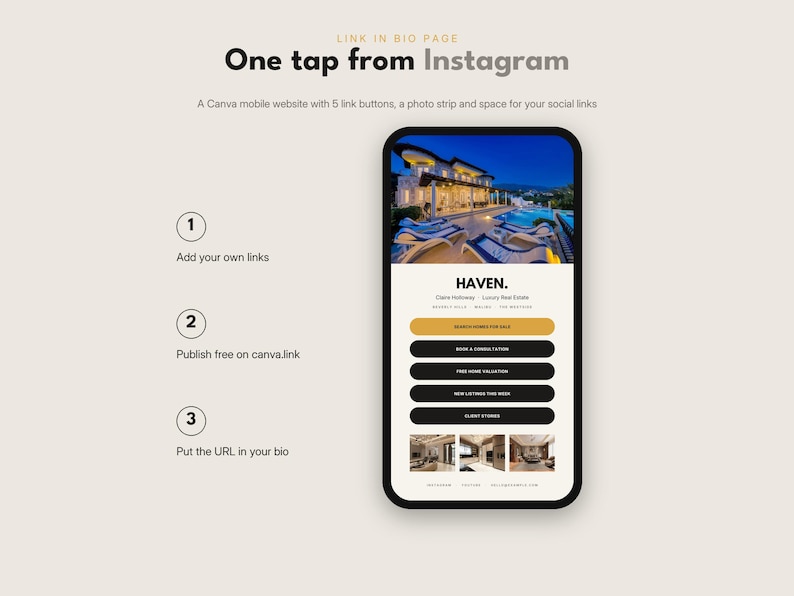 May include: A digital template for a mobile website displayed on a smartphone screen. The interface features a header image of a luxury house, the text HAVEN, five black and gold navigation buttons, a photo strip, and social media icons.