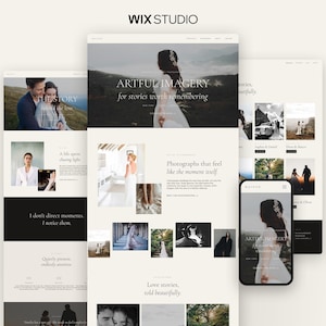 May include: A website design layout for a photography portfolio titled Artful Imagery, featuring multiple screen mockups displaying wedding photography, text headers, and image galleries on a clean, neutral background with the Wix Studio logo.