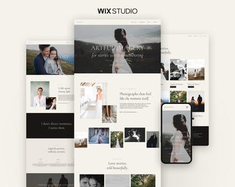 May include: A website design layout for a photography portfolio titled Artful Imagery, featuring multiple screen mockups displaying wedding photography, text headers, and image galleries on a clean, neutral background with the Wix Studio logo.