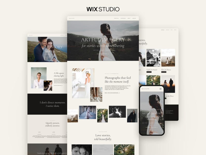 May include: A website design layout for a photography portfolio titled Artful Imagery, featuring multiple screen mockups displaying wedding photography, text headers, and image galleries on a clean, neutral background with the Wix Studio logo.