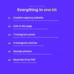 May include: A digital kit on a purple background titled Everything in one kit. It lists six items: a creative agency website, a link in bio page, 7 Instagram posts, 4 Instagram stories, sample photos, and a Read Me First PDF setup guide.