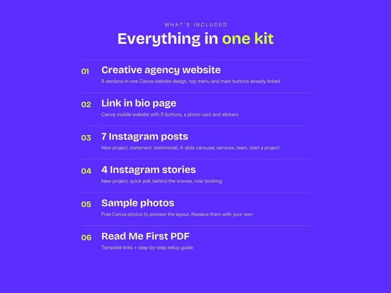 May include: A digital kit on a purple background titled Everything in one kit. It lists six items: a creative agency website, a link in bio page, 7 Instagram posts, 4 Instagram stories, sample photos, and a Read Me First PDF setup guide.