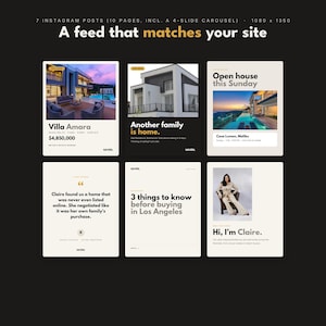 May include: A digital marketing template set for Instagram featuring seven posts and ten pages, including a four-slide carousel. The design displays real estate listings, testimonials, and professional profiles with text overlays on a dark background.