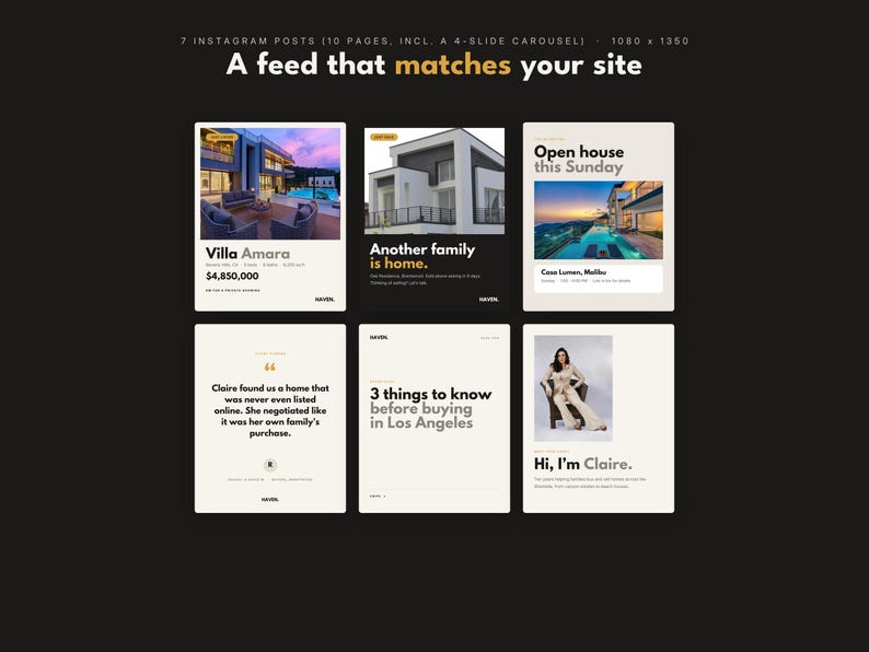 May include: A digital marketing template set for Instagram featuring seven posts and ten pages, including a four-slide carousel. The design displays real estate listings, testimonials, and professional profiles with text overlays on a dark background.