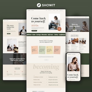 May include: A digital website design template for Emma Lane displayed on three desktop browser windows and one mobile phone screen. The layout features a neutral color palette with serif typography, photographic imagery, and text blocks.