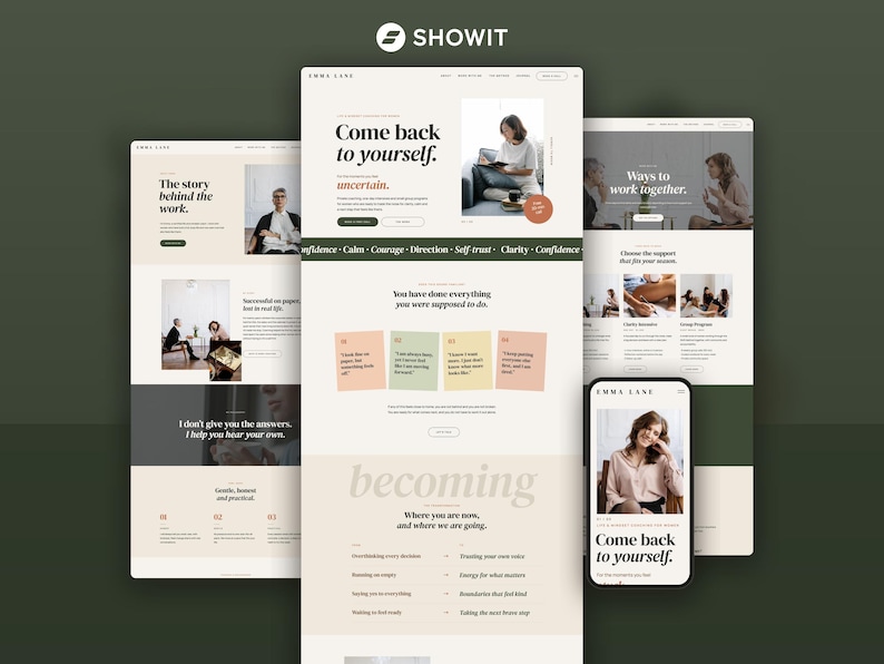 May include: A digital website design template for Emma Lane displayed on three desktop browser windows and one mobile phone screen. The layout features a neutral color palette with serif typography, photographic imagery, and text blocks.