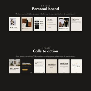 May include: A digital collection of social media templates featuring 8 pages for personal branding and 12 pages for calls to action. The designs use a neutral color palette with black and white text, showcasing various layouts for real estate agents.