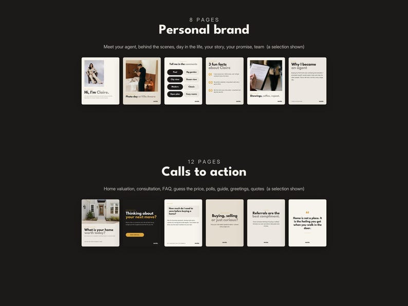 May include: A digital collection of social media templates featuring 8 pages for personal branding and 12 pages for calls to action. The designs use a neutral color palette with black and white text, showcasing various layouts for real estate agents.