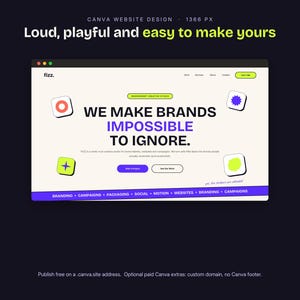 May include: A website design template featuring the text "WE MAKE BRANDS IMPOSSIBLE TO IGNORE" on a cream background with colorful square icons. The layout includes a navigation bar, a "Let's Talk" button, and a purple footer listing services.
